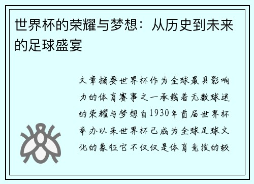 世界杯的荣耀与梦想：从历史到未来的足球盛宴