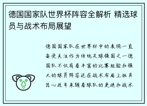 德国国家队世界杯阵容全解析 精选球员与战术布局展望